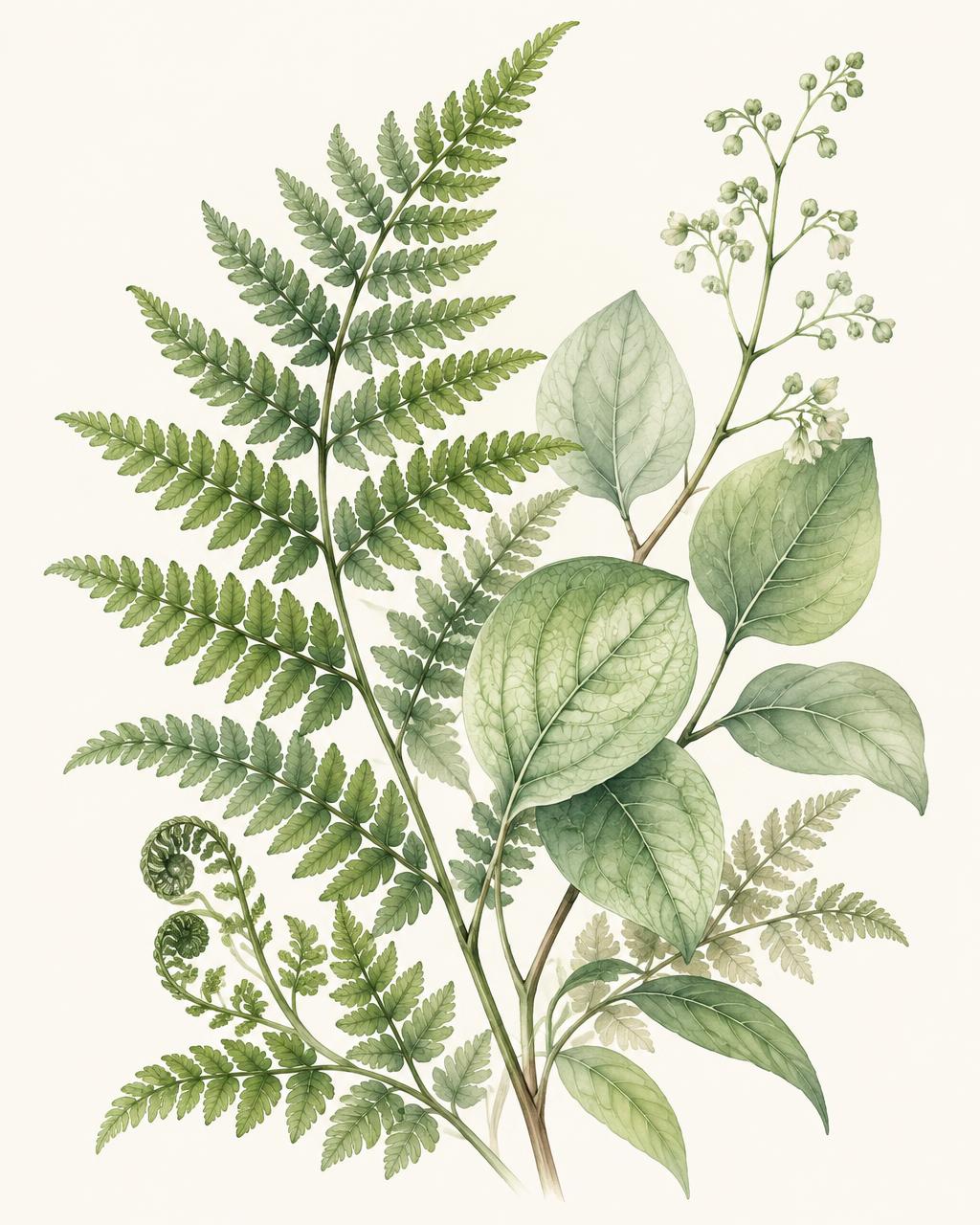 Soft green botanical illustration of ferns and leaves